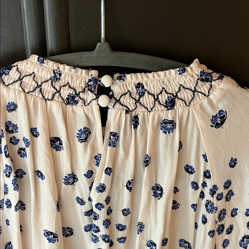 Free People - Cream Long Sleeve Smocked Yoke Tunic Blouse with Navy Floral Dots - Picture 8 of 9